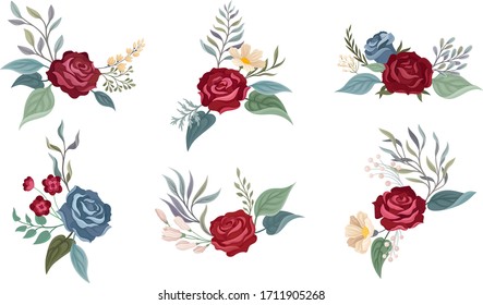 Flower Arrangement with Showy Rose Blossom in the Middle and Branched Twigs Vector Set