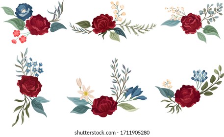 Flower Arrangement with Showy Rose Blossom in the Middle and Branched Twigs Vector Set