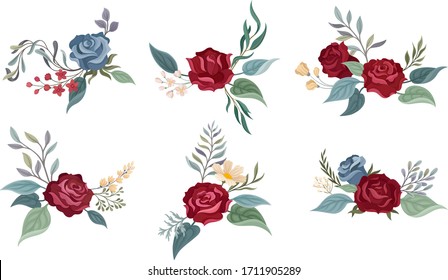 Flower Arrangement with Showy Rose Blossom in the Middle and Branched Twigs Vector Set