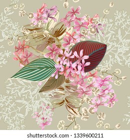 Flower arrangement with small tropical flowers and large exotic leaves on greenish beige background. Vector seamless pattern for fashion prints.