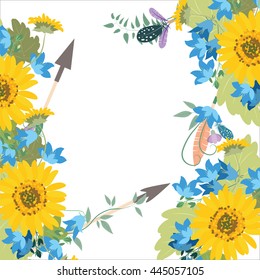 Flower arrangement with sunflowers and bell. Greeting card with flowers, decorative arrows with feathers of birds.