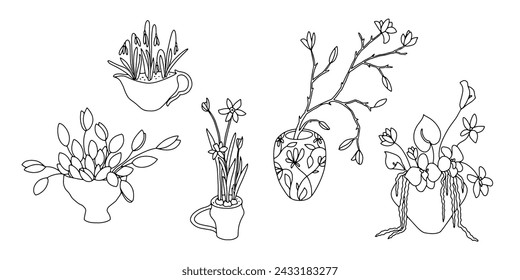 Blumen-Anordnung Vektor-Illustration. Set Blumenstrauß in Vase, Schüssel, Topf. Blumendesign, trendiger Innenstrauß. Kunst, Blüten zu arrangieren, Zweig. Tulpen, Magnolien, Narzissen, Orchideen, Callas 