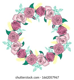 Flower arrangement, wreath, VECTOR. Pink roses on a white background for a greeting card