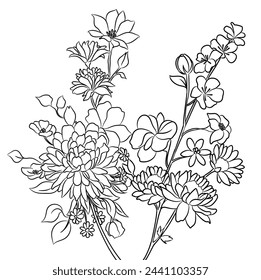 Flower arrangements, drawn by hand in black and white, suitable for tattoos or coloring books