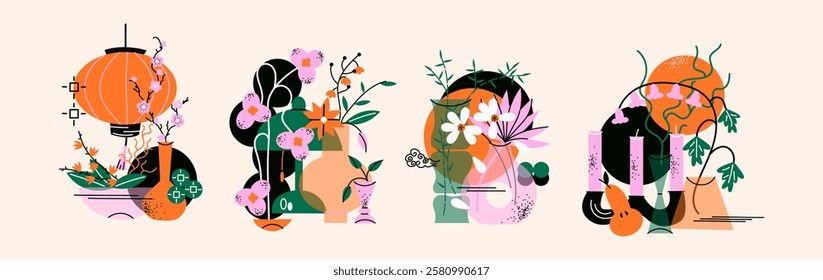 Flower arrangements in Japanese style ikebana bonsai. Set of blooming flowers in vases, twigs and foliage. Geometric spring bouquets, trendy cartoon retro style