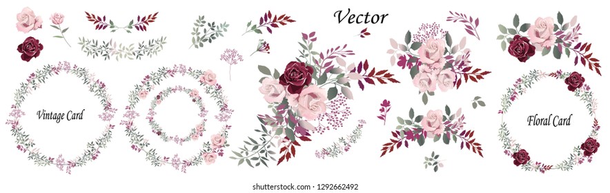 Flower arrangements of pink and Burgundy roses, colorful leaves, wild herbs. Set: roses, bouquets, twigs, wreaths, floral elements. Vector illustration.