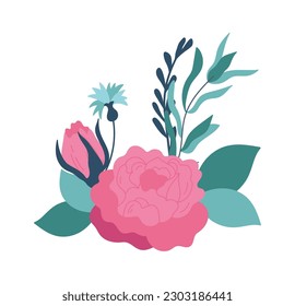 Flower arrangements with rose and green branches. Vector illustration