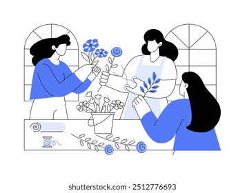 Flor organizando ilustrações isoladas do vetor cartoon. Grupo de meninas lida com design floral, criar composição buquê, oficina de fim de semana, master class estilo de vida, arte terapia vetor cartoon.