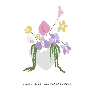 Flower arranging vector illustration. Flowers bunch in vase, home decor. Trendy interior bouquet, floral design. Composition of anthurium, orchid, callas, amaranth branch, tulip, daffodil, ceramic pot