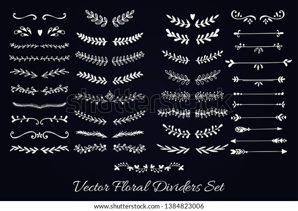 Flower and Arrows Ornament Dividers. Hand\
drawn decoration, floral ornamental divider, arrows and sketch\
leaves ornaments. Doodle leaves and flourish divider set. Vector\
Illustration.