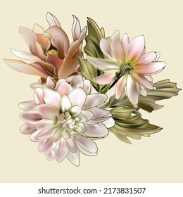 Flower  art background vector. Wallpaper design with floral paint brush line art. leaves and flowers nature design for cover, wall art, invitation, fabric, poster, canvas print.