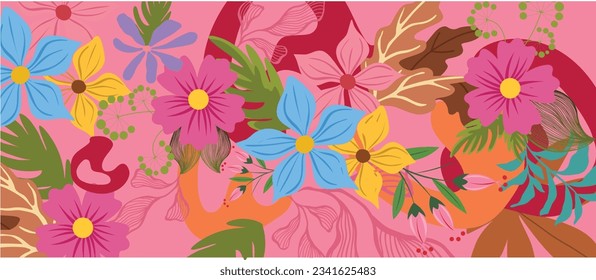 Vector de fondo de arte de flores. Diseño de papel tapiz con hojas de pintura floral y diseño de la naturaleza floral para cubierta, arte de pared, invitación, tela, afiche, estampado de tela. Patrón fluido de verano medio en flor