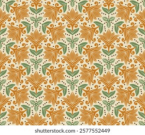 Flower Art Nouveau (Cream, Orange, Green, Brown) - Geometric Pattern - Repeating Vector Image; Easily Editable; Endless Design; Colorful lIlustration. Print for Gift Paper, Packaging, etc.