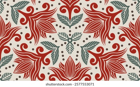 Flower Art Nouveau (Red, Green, Brown, Cream) - Geometric Pattern - Repeating Vector Image; Easily Editable; Endless Design; Colorful lIlustration. Print for Gift Paper, Packaging, etc.