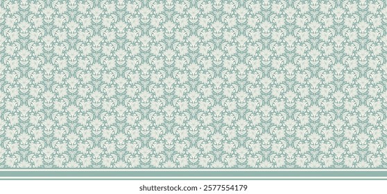 Flower Art Nouveau (Soft Green, Cream) - Geometric Pattern - Horizontal Repeating Vector Image; Easily Editable; Endless Design; Colorful lIlustration. Print for Gift Paper, Packaging, etc.