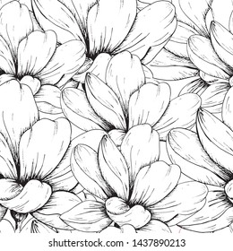 Flower backdrop. Hand drawn seamless pattern with sketch style flowers. Monochrome vector background.