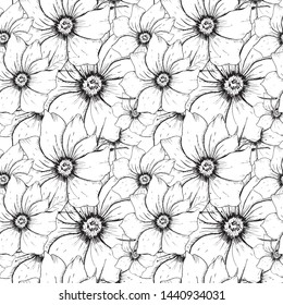 Flower backdrop. Hand drawn seamless pattern with sketch style flowers. Monochrome vector background.