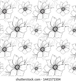 Flower backdrop. Hand drawn seamless pattern with sketch style flowers. Monochrome vector background.