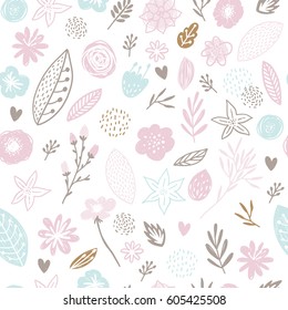 Fondo de las flores, modelo de bebé sin fisuras con elementos naturales de primavera y ramas. Colores pasteles