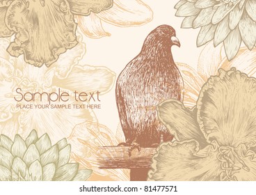 flower background with bird. engraved retro style. vector illustration