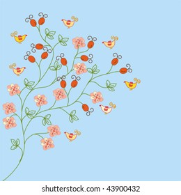 Flower background with birds on blue