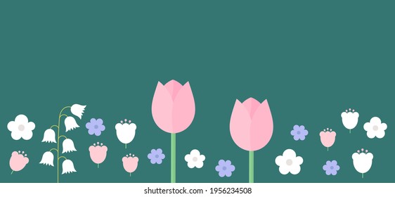 Flower background. Bright spring pastel flowers on dark blue background floral card. Vector illustration.