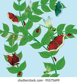 Flower background with butterflies and dragonflies. Seamless.