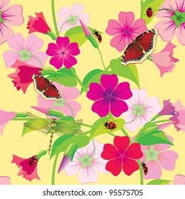 Flower background with butterflies and dragonflies. Seamless.