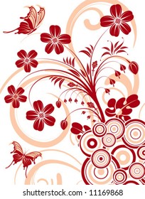 Flower background with butterfly and circle, element for design, vector illustration