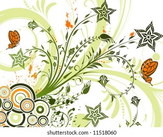 Flower background with butterfly and circle, element for design, vector illustration