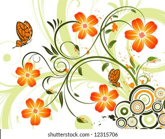 Flower background with butterfly and circle, element for design, vector illustration