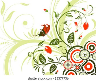 Flower background with butterfly and circle, element for design, vector illustration