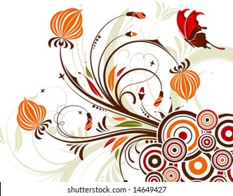 Flower background with butterfly and circle, element for design, vector illustration