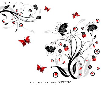 Flower background with butterfly and circle, element for design, vector illustration