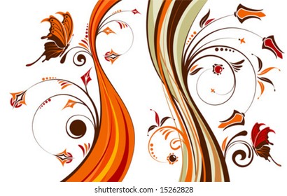 Flower background with butterfly and wave pattern, element for design, vector illustration