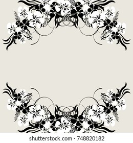 Flower Background for card or invitation with symmetrical floral border on vintage purple background and place for text
