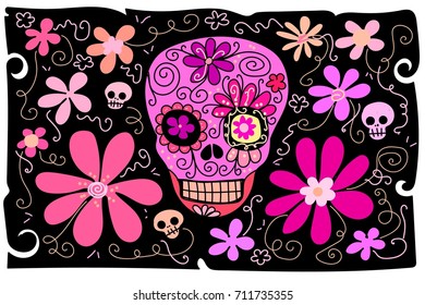 Flower background cartoon skeleton Sugar Skull vector black wallpaper ghost funny bone art pink colorful