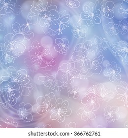 Flower background with cherry blossoms, in light blue colors