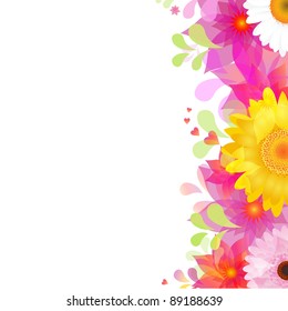 Flower Background With Color Gerbers And Leafs, Isolated On White Background, Vector Illustration