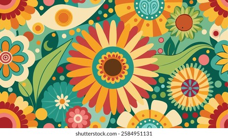 flower background with a colorful design, groovy vector pattern featuring bold daisies, sunflowers, and psychedelic shapes in a vintage color palette