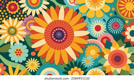 flower background with a colorful design, groovy vector pattern featuring bold daisies, sunflowers, and psychedelic shapes in a vintage color palette
