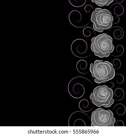 Flower background with copy space (place for your text). Abstract neutral and gray roses sketch. Vertical vintage dog rose pattern. Flower card with vector dog rose. Hand drawn seamless pattern.