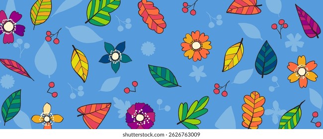 Flower Background with Cute Nature Wild Field Florals. Doodle quirky summer and spring plants. Feminine backdrop perfect for fashion, clothing, cards, invitations, wrapping paper