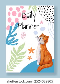 floraler Hintergrund. Tagesplaner. Organizer-Buchumschlag. Blütendoodle-Formen. Nette Katze. Einfaches Zeichnen von Kindern. Natürliche Kritzelblätter. Sommerblüten. Bio-Kleckse. Botanisches Vektorbanner-Design