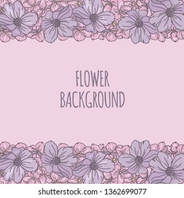 FLOWER BACKGROUND decorative frame of violet flowers on a pink background