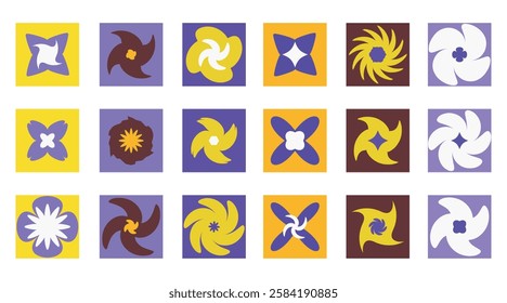 Flower background design. Abstract geometric. Yellow purple graphic banner. Organic food concept wallpaper. Neogeo art. Decorative mosaic with ornament.