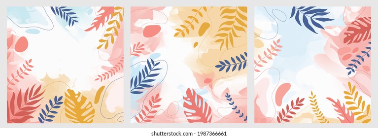 flower background for design. Vector design templates in simple modern style with copy space for text, flowers and leaves - wedding invitation backgrounds and frames, social media stories wallpapers.