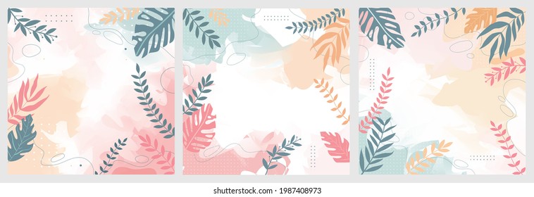 floraler Hintergrund für Design. Vektordesign-Vorlagen in einfachem, modernem Stil mit Kopienraum für Text, Blumen und Blätter - Hintergründe und Rahmen für Hochzeitseinladungen, Wallpaper in den sozialen Medien.