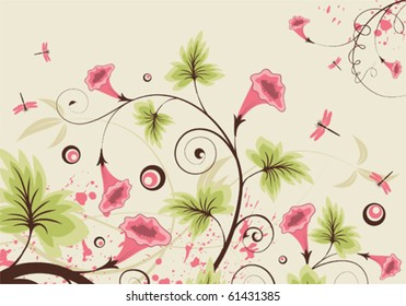 Flower background with dragonfly, element for design, vector illustration