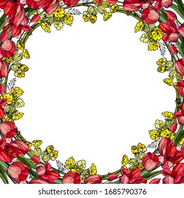 Flower background. Floral frame with red and yellow spring flowers. Tulips posy border isolated.